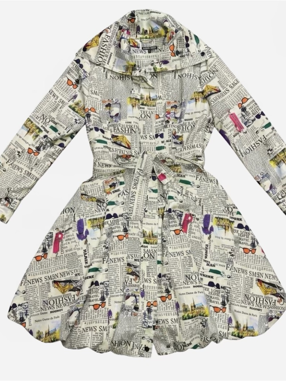 Samuel Dong Newspaper Print Bubble Trench Coat Dress Womens S Belted Novelty